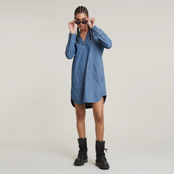 G-Star RAW Millery Denim Shirt Dress L NWT V-Neck Long Sleeve - Picture 1 of 13